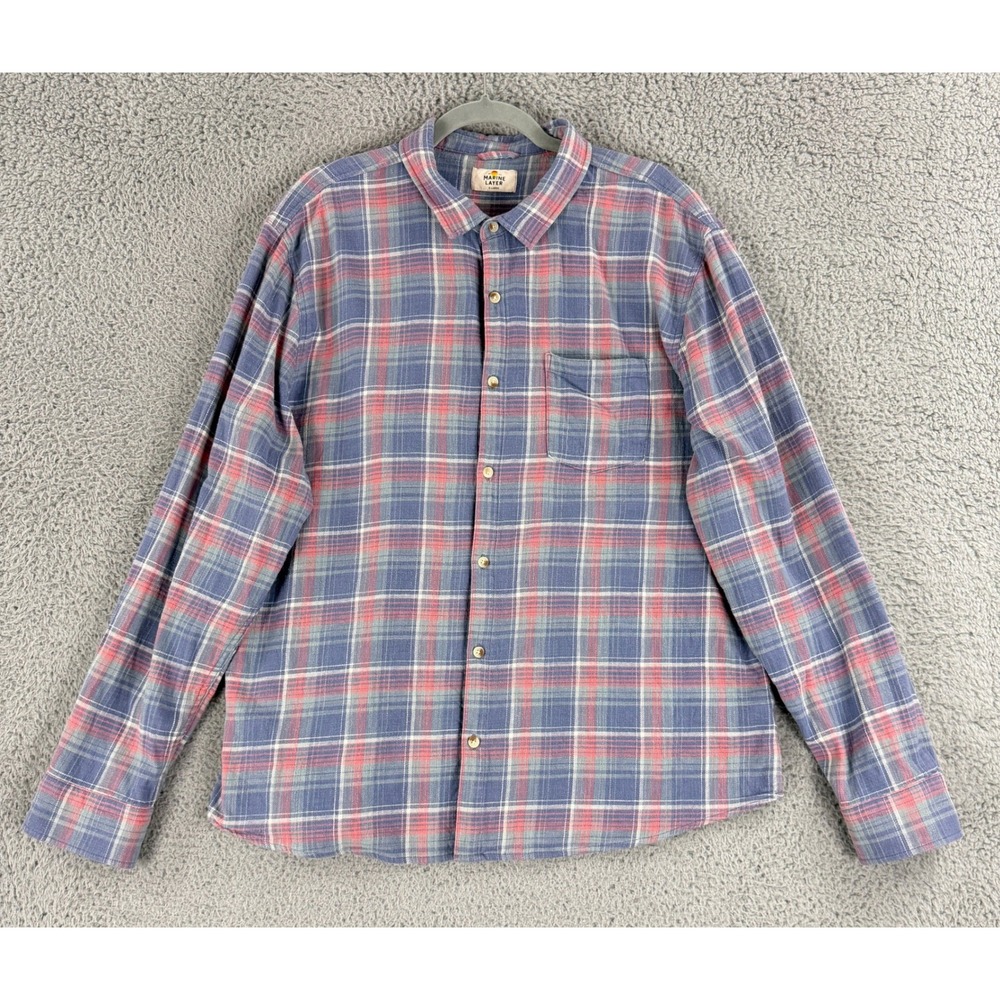 Marine Layer Flannel Shirt Men XL Blue Pink Plaid Long Sleeve Button Down Cotton